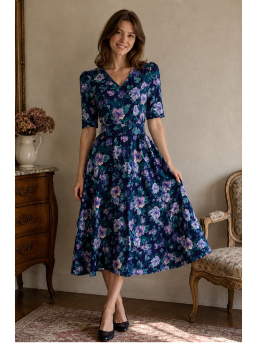 Vintage E.D. Michaels Women’s 7/8 Navy Floral Belted Midi Dress Puff Sleeve